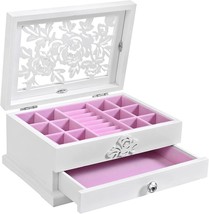 Songmics Girls Jewelry Box Wooden Flower Carving Organizer Storage Case 2 Tier - £28.76 GBP