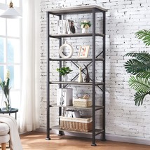 Hombazaar Bookshelf, 6-Tier Vintage Industrial Book Shelf, Rustic Wood, Grey Oak - £186.80 GBP