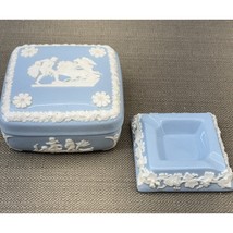 Vintage Wedgwood Blue Jasperware Square Trinket Box &amp; Ashtray Set England - $50.66 CAD