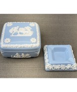 Vintage Wedgwood Blue Jasperware Square Trinket Box &amp; Ashtray Set England - $37.05