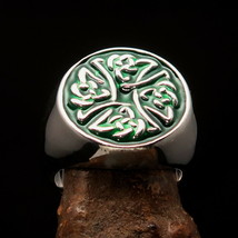 Excellent crafted Celtic Men&#39;s green Birgit&#39;s Cross Pinky Ring - Sterling Silver - £81.53 GBP