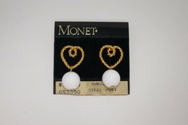 Monet Gold Tone Heart with White Bead Dangle Earrings - £18.95 GBP