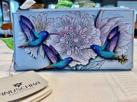 Anuschka RFID Rainbow Birds Bifold Double Zip Leather Two Fold Wallet 11... - $59.00