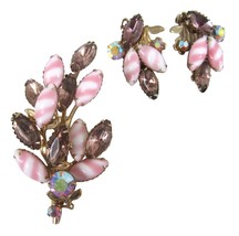 VTG Pink Flower Leaf Brooch gold Clip on Earring set Aurora Borea Beau Jewels - £47.43 GBP