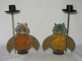 Pair Vtg Stained Leaded Glass Owl Bird Candlestick Candle Holders Rustic... - £31.64 GBP