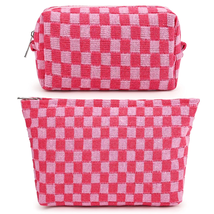2 Pieces Makeup Bag Large Checkered Cosmetic Bag Pink Capacity Canvas Travel Toi - £10.65 GBP