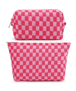 2 Pieces Makeup Bag Large Checkered Cosmetic Bag Pink Capacity Canvas Tr... - £10.55 GBP