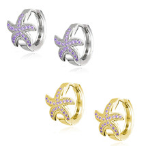 Nautical Starfish Huggie Hoop Earrings Micro Amethyst 14k Yellow Or Whit... - $40.09+