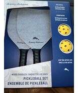 NEW Tommy Bahama Pickleball Set 2 Gray Wood Paddles 2 Yellow Game Balls - $32.37
