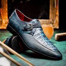 Toluca genuine crocodile and lizard dress monk strap Rustic Blue image 10