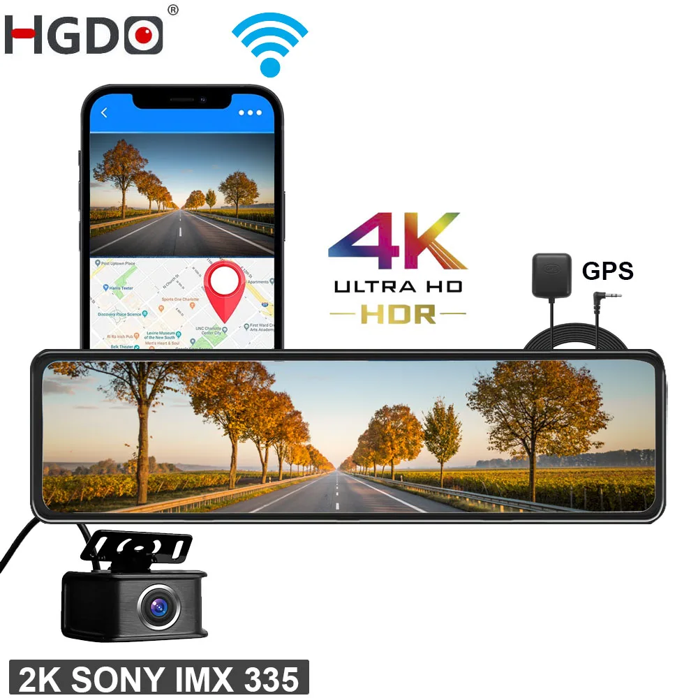 Hgdo M210 4K + 2K Dash Cam Gps Wifi Front Sony IMX415 Rear View Mirror Video - $208.17+