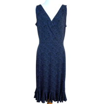 London Times Dress Womens 12 Navy Blue Polka Dot Sleeveless V Neck Ruffle A-Line - £19.60 GBP