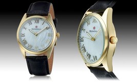 NEW Bernoulli 9822 Women&#39;s Lynx MOP Dial Gold Case Black Leather Watch classy - £23.32 GBP