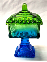 Vintage J EAN Nette Glass 7&quot; Compote Bowl Dish With Cover - Wedding BLUE-GREEN - $11.86