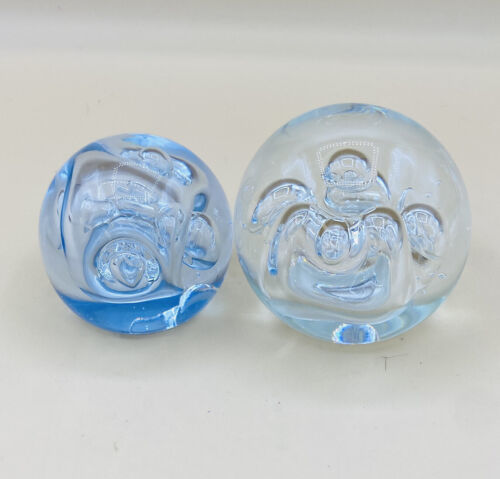 Signed ROLLIN KARG Clear Bubbles Hint Blue Art Glass Paperweights LOT 2 - $89.09