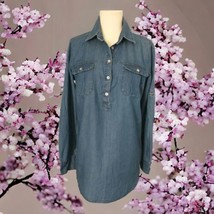 NY &amp; Co Chambray Soft Womens Shirt S Tunic Popover Blouse Pocket Roll Tab Sleeve - £13.64 GBP