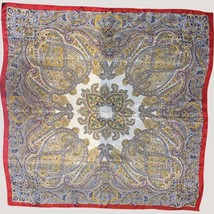 Vintage Paisley Silk Scarf Intricate Multicolor Design Hand Rolled Red Trim - $28.05