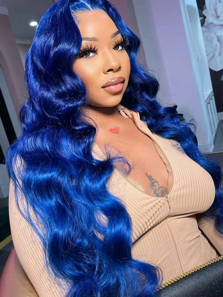 Navy Blue 13x4 Lace Front Body Wave Human Hair Wigs Brazilian Blue Colored  - £80.90 GBP+
