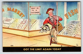 Fishing Linen Postcard Man Shops At Fish Market Humor Signed Unk Unused Vintage - $10.69