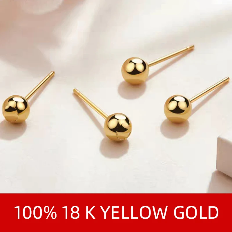 Real Gold Jewelry Bead Ball Studs Earrings Pure AU750  Fine Jewelry For Women Ch - £32.61 GBP