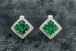 2.50Ct Princess Green Emerald Halo Clip-On Stud Earrings 14K White Gold Finish - £84.09 GBP