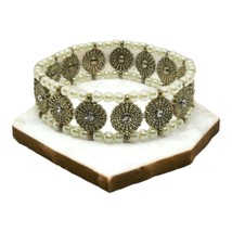 Stretchy Bohemian Pearl &amp; Gold Tone Metal Bracelet Formal Jewelry Bridal... - £11.04 GBP