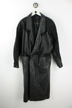 VTG 80&#39;s 90&#39;s Long Black Trench Coat Blazer 100% Leather Jacket Size L Leopard - £78.82 GBP