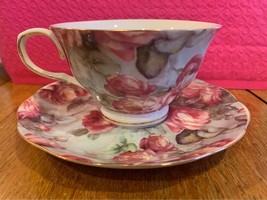 Grace’s Teaware Pink Roses with green background teacup and saucer - £11.96 GBP
