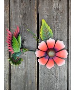 Colorful Metal/Resin Hummingbird With Pink Flower Wall/Fence Decor - $29.83