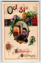 Halloween Postcard Women Black Cat Fireplace Oct 31st Germany Gottschalk Unused - $90.01