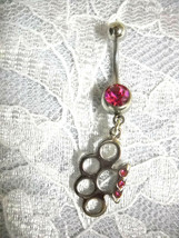 Pink Crystals On Brass Knuckles Duster Charm W Pink Cz Belly Bar Navel Ring - £4.82 GBP