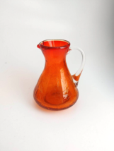 Vintage Crackle Glass Pitcher Orange Applied Handle Hand Blown Glass Jug Vase 4&quot; - £8.10 GBP