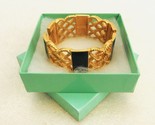 Gold Tone Hinged Bangle Bracelet, Chunky Filigree, Forest Green Enamel, ... - $14.65