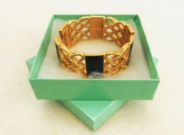 Gold Tone Hinged Bangle Bracelet, Chunky Filigree, Forest Green Enamel, ... - $14.65