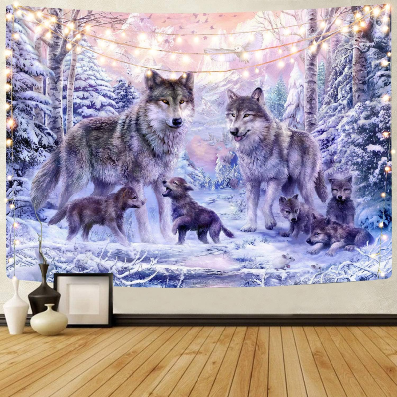 Primary image for KYKU Snow Wolf Tapestry Pink Family Wolves Tapestry Wall Hanging Wild Animal Tap