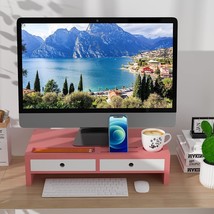 Monitor Stand Riser With Drawer - Pink &amp; White Laptop Stand, Bamboo Desktop Shel - £72.36 GBP