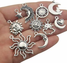 10 Assorted Sun Pendants Antiqued Silver Moon Celestial Mixed Charms  - £4.44 GBP