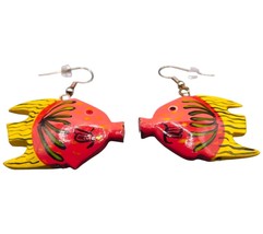 Pierced Colorful Earrings Fish Handpainted In Wood Bright Happy Color Tones - £6.42 GBP