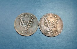 2 Pcs Dutch Colonial Voc Duit 1752 &amp; 1753 New York Penny Coin_c36 - £14.49 GBP