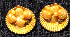 Vintage ART Brushed Gold Sea Shell Clip Earrings Ab Crystal 1950&#39;s Signed - $31.52