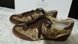 Michael KORS MK GOLD LOGO TRAINER MOCHA MONOGRAM JACQUARD  SNEAKERS  SZ 7.5 - £86.25 GBP