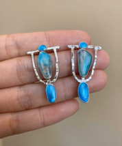 Boho Chic: Silver Blue Resin Stone Earrings with Tribal Design ! - £10.37 GBP