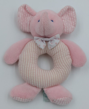 Russ Berrie Elephant Plush Baby Rattle Lovely Seersucker Pink Striped VTG 90s - £19.08 GBP