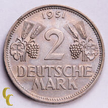 1951-F Germany Deutsche 2 Mark 1 Year Issue (XF) Extra Fine Condition - $37.74