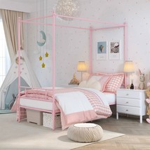 Twin size French Country Style Four Poster Metal Canopy Bed in Pink Finish - $4,823.98 MXN