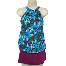 Denim &amp; Co. Beach High Neck Tankini with Skirt Size 8 Blue Floral - £31.65 GBP