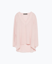 Zara Asymmetric Hi Lo Top Pastel Pale Pink V-NECK Longsleeve Loose 9479/240 S - £20.24 GBP