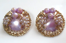 Vintage Signed Coro Gold-tone Purple Faux Pearl/Bead Floral Clip-on Earrings - £19.07 GBP