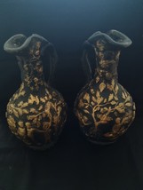 TWO antique handmade stoneware pitcher applied relief gilded children in garden - £130.51 GBP