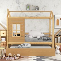 Twin Size House Bed Wood Bed with Twin Size Trundle ( Natural ) - £325.34 GBP